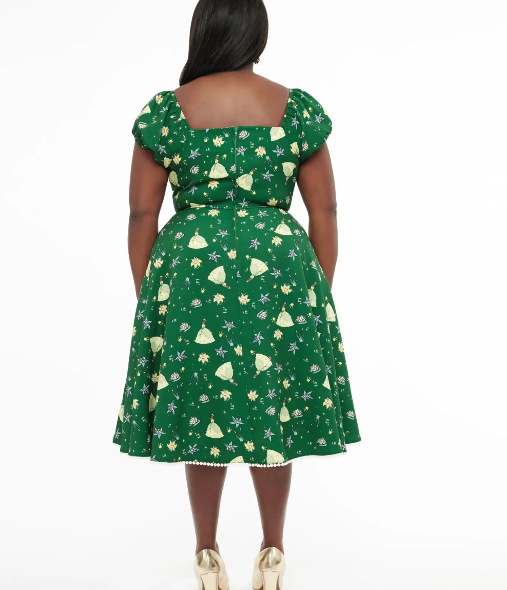 Unique Vintage Swing|Pocket Dresses>Disney Princess collection by Plus Size Green Princess Tiana All Over Print Swing Dress