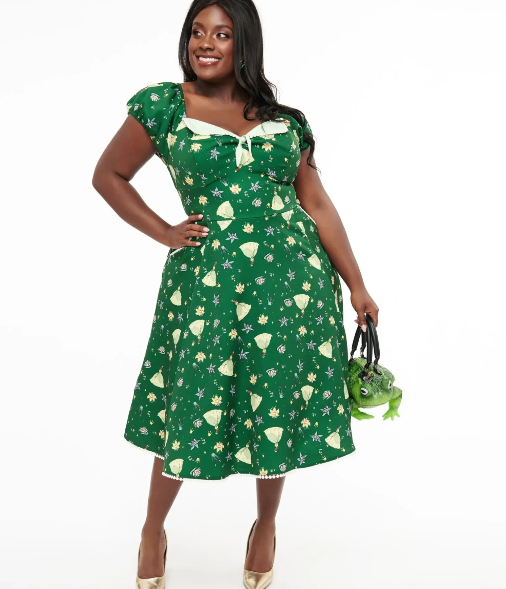 Unique Vintage Swing|Pocket Dresses>Disney Princess collection by Plus Size Green Princess Tiana All Over Print Swing Dress