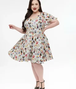 Unique Vintage Fit & Flare|Fit & Flare>Disney Princess Collection by Plus Size Grey Princess & Villain All Over Print Fit & Flare Dress