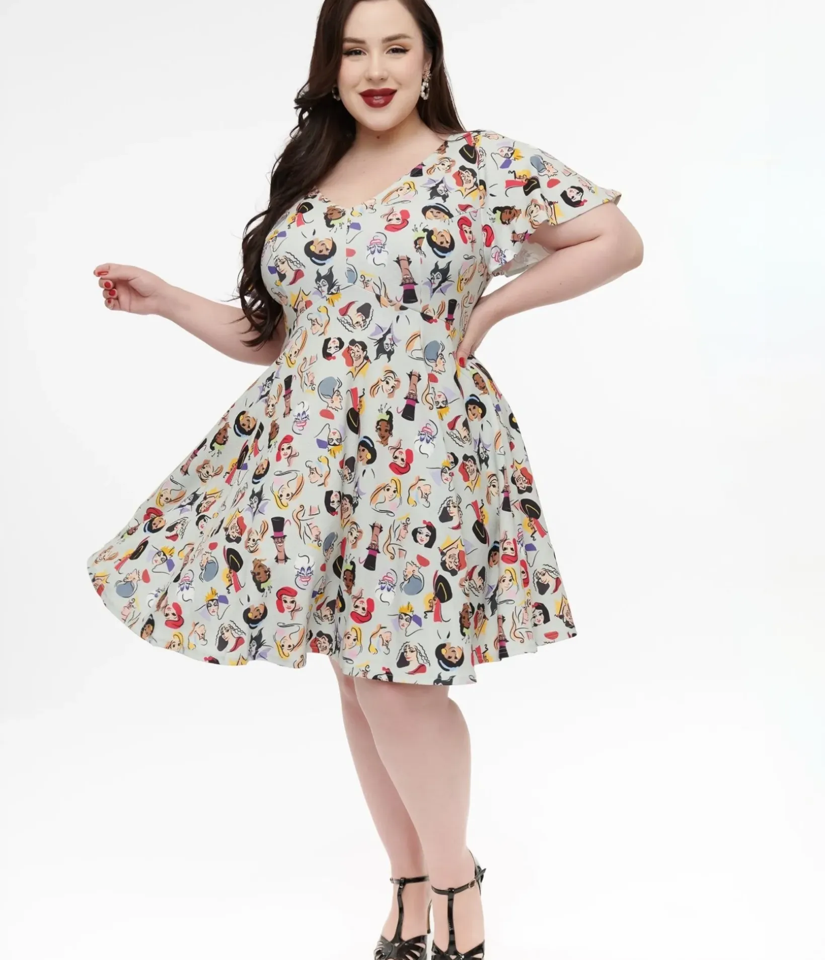 Unique Vintage Fit & Flare|Fit & Flare>Disney Princess Collection by Plus Size Grey Princess & Villain All Over Print Fit & Flare Dress