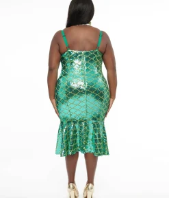 Unique Vintage Pencil|Pencil>Disney Princess collection by Plus Size Princess Ariel Green & Gold Sequin Wiggle Dress