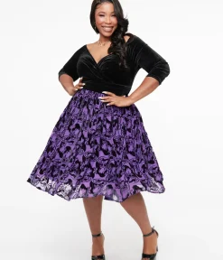 Unique Vintage Swing|Pocket Dresses>Disney Princess collection by Plus Size Purple & Black Ursula Burnout Velvet Marceline Swing Dress