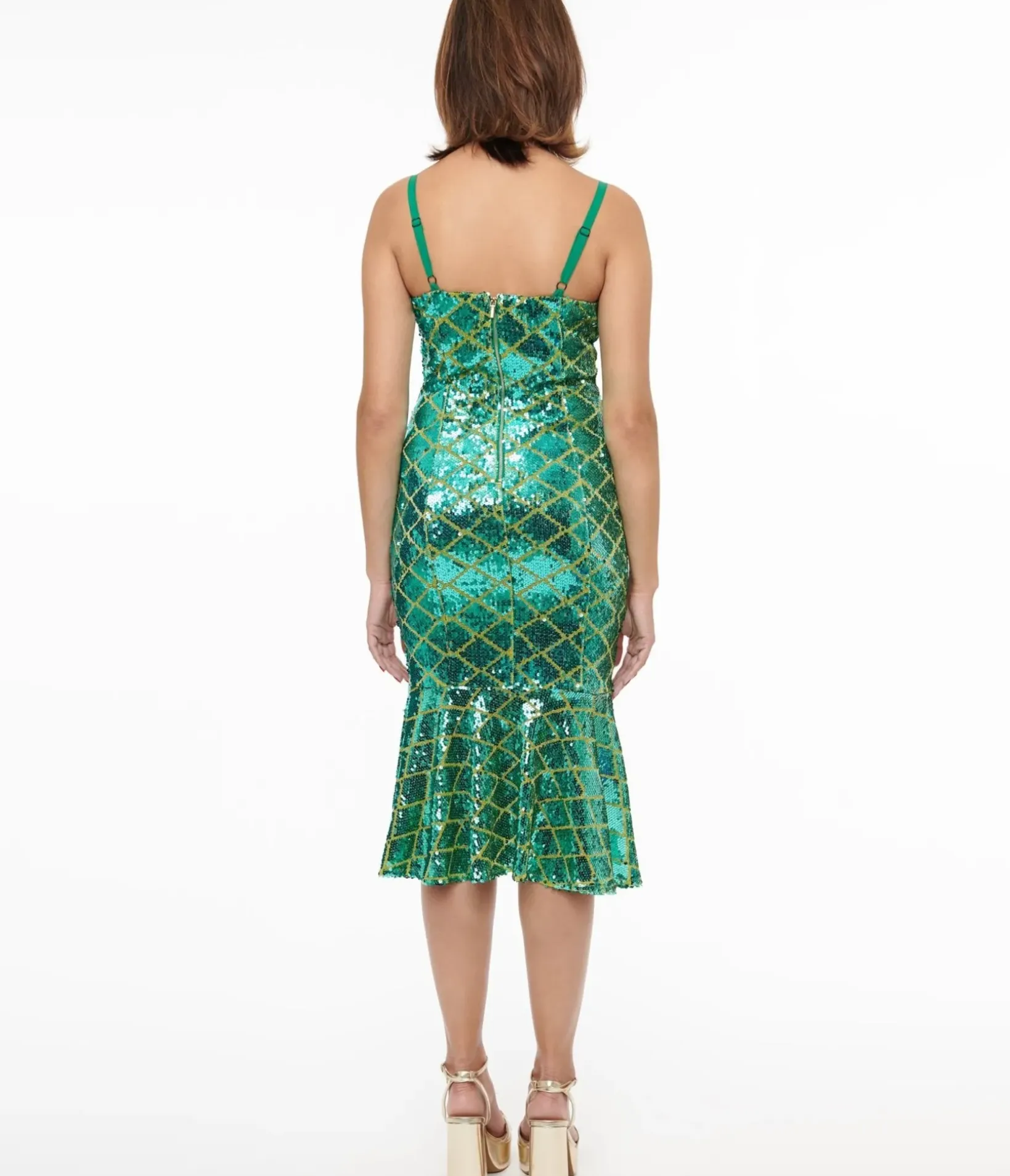 Unique Vintage Pencil|Everyday Dresses>Disney Princess collection by Princess Ariel Green & Gold Sequin Wiggle Dress