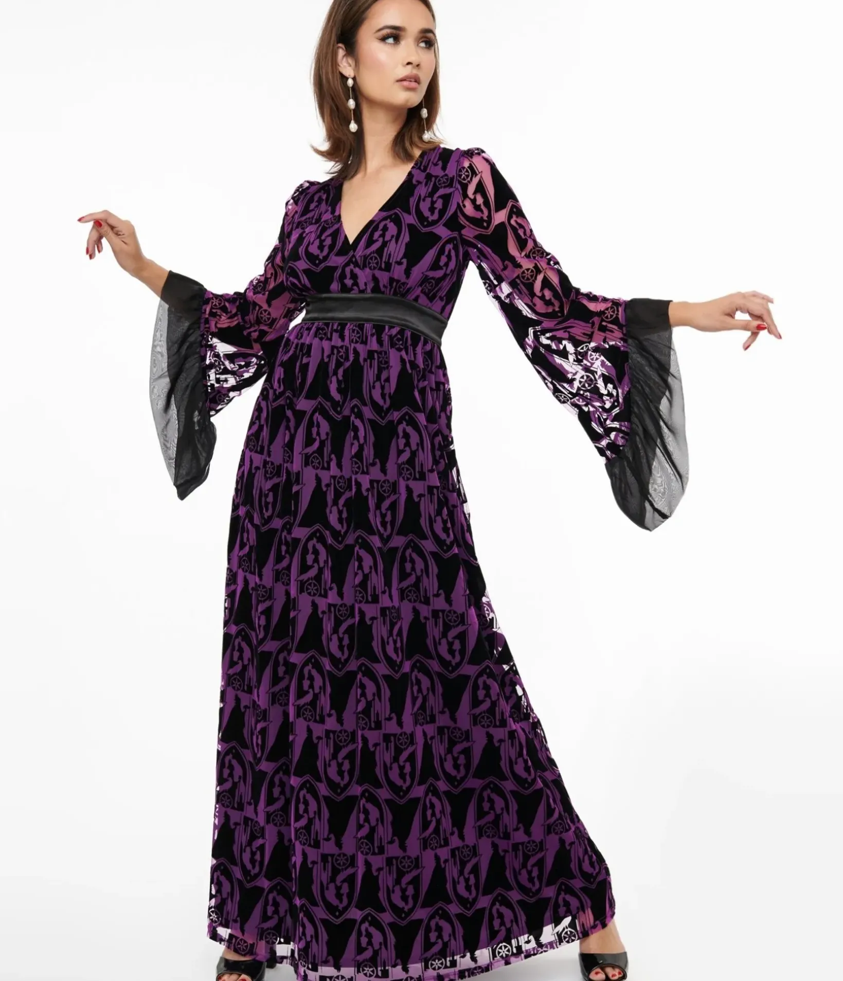 Unique Vintage Maxi|Everyday Dresses>Disney Princess collection by Purple & Black Velvet Burnout Maleficent Print Maxi Dress