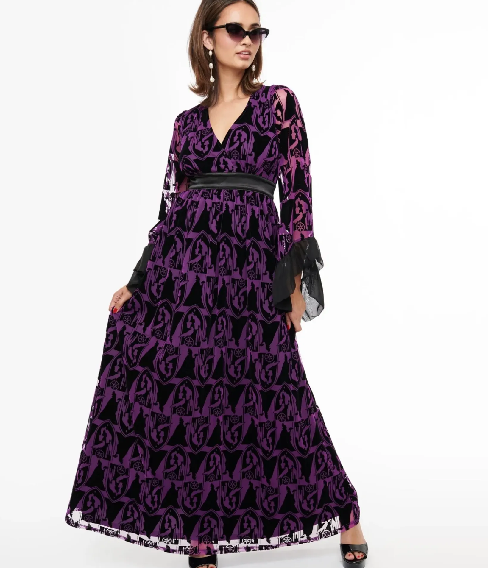 Unique Vintage Maxi|Everyday Dresses>Disney Princess collection by Purple & Black Velvet Burnout Maleficent Print Maxi Dress