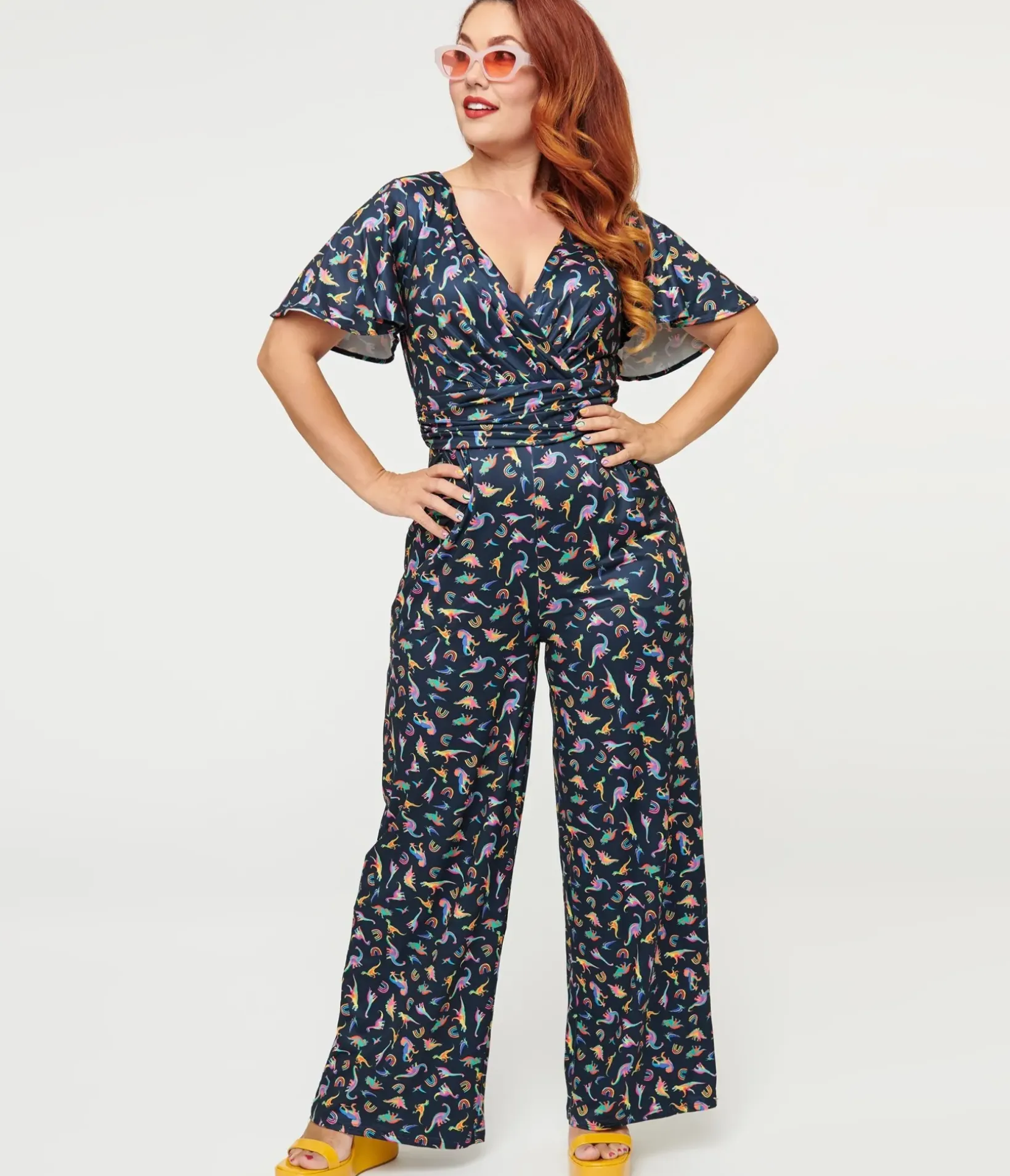 Unique Vintage Pocket Dresses>Dolly & Dotty Black Dinosaur & Rainbow Print Charlotte Jumpsuit