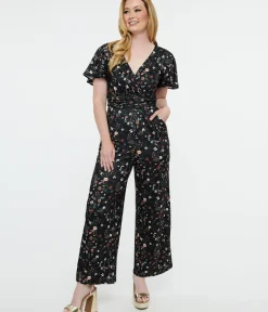 Unique Vintage Rompers & Jumpsuits|Rompers & Jumpsuits>Dolly & Dotty Black Floral Meadow Butterfly Sleeve Jumpsuit