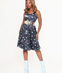 Unique Vintage Swing|Pocket Dresses>Dolly & Dotty Black Galactic Print Amanda Swing Dress