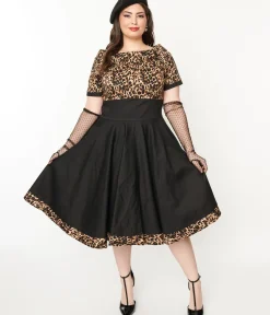 Unique Vintage Swing|Swing>Dolly & Dotty Black & Leopard Print Darlene Swing Dress