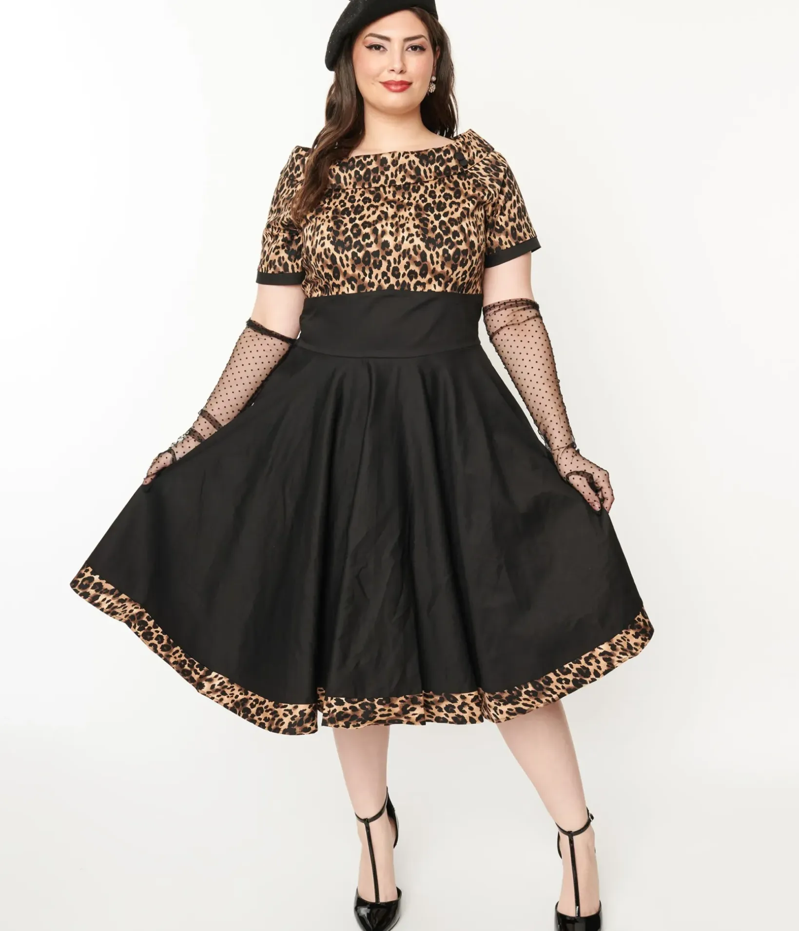 Unique Vintage Swing|Swing>Dolly & Dotty Black & Leopard Print Darlene Swing Dress