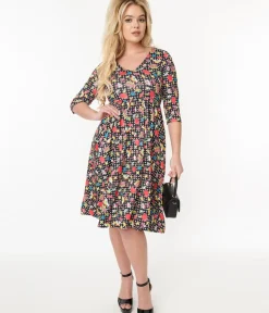 Unique Vintage Fit & Flare|Pocket Dresses>Dolly & Dotty Black & Rainbow Retro Print Flare Dress