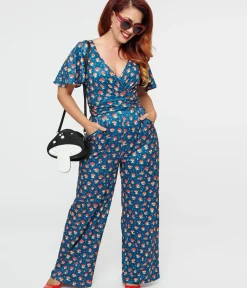Unique Vintage Pocket Dresses>Dolly & Dotty Blue Mushroom Print Charlotte Jumpsuit