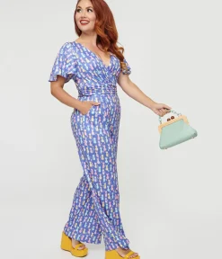 Unique Vintage Pocket Dresses>Dolly & Dotty Purple Cats Print Charlotte Jumpsuit