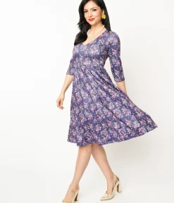 Unique Vintage Fit & Flare|Everyday Dresses>Dolly & Dotty Purple Dragonfly Floral Print Billie Fit & Flare Dress