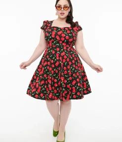 Unique Vintage Swing|Pocket Dresses>Dolly & Dotty 1950s Black Cherry Swing Dress