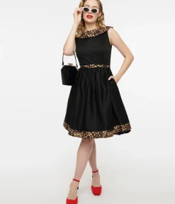 Unique Vintage Swing|Pocket Dresses>Dolly & Dotty 1950s Black & Leopard Cindy Swing Dress
