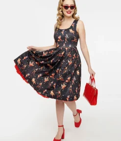 Unique Vintage Swing|Pocket Dresses>Dolly & Dotty 1950s Black & Pinup Print Amanda Swing Dress