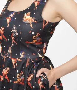 Unique Vintage Swing|Pocket Dresses>Dolly & Dotty 1950s Black & Pinup Print Amanda Swing Dress