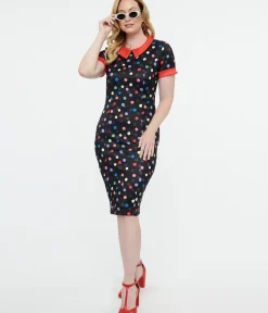 Unique Vintage Pencil|Pencil>Dolly & Dotty 1950s Black & Rainbow Polka Dot Toni Wiggle Dress