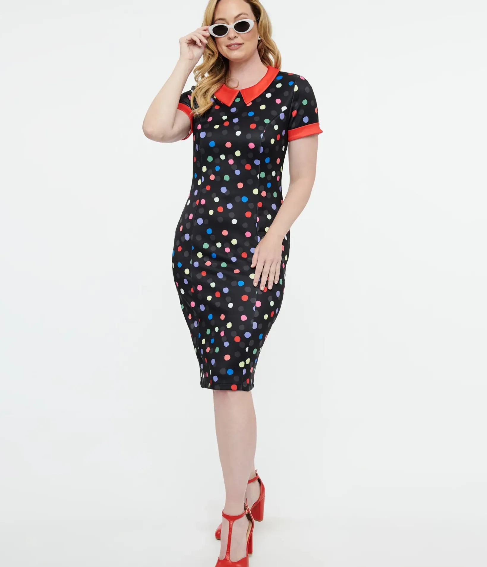 Unique Vintage Pencil|Pencil>Dolly & Dotty 1950s Black & Rainbow Polka Dot Toni Wiggle Dress