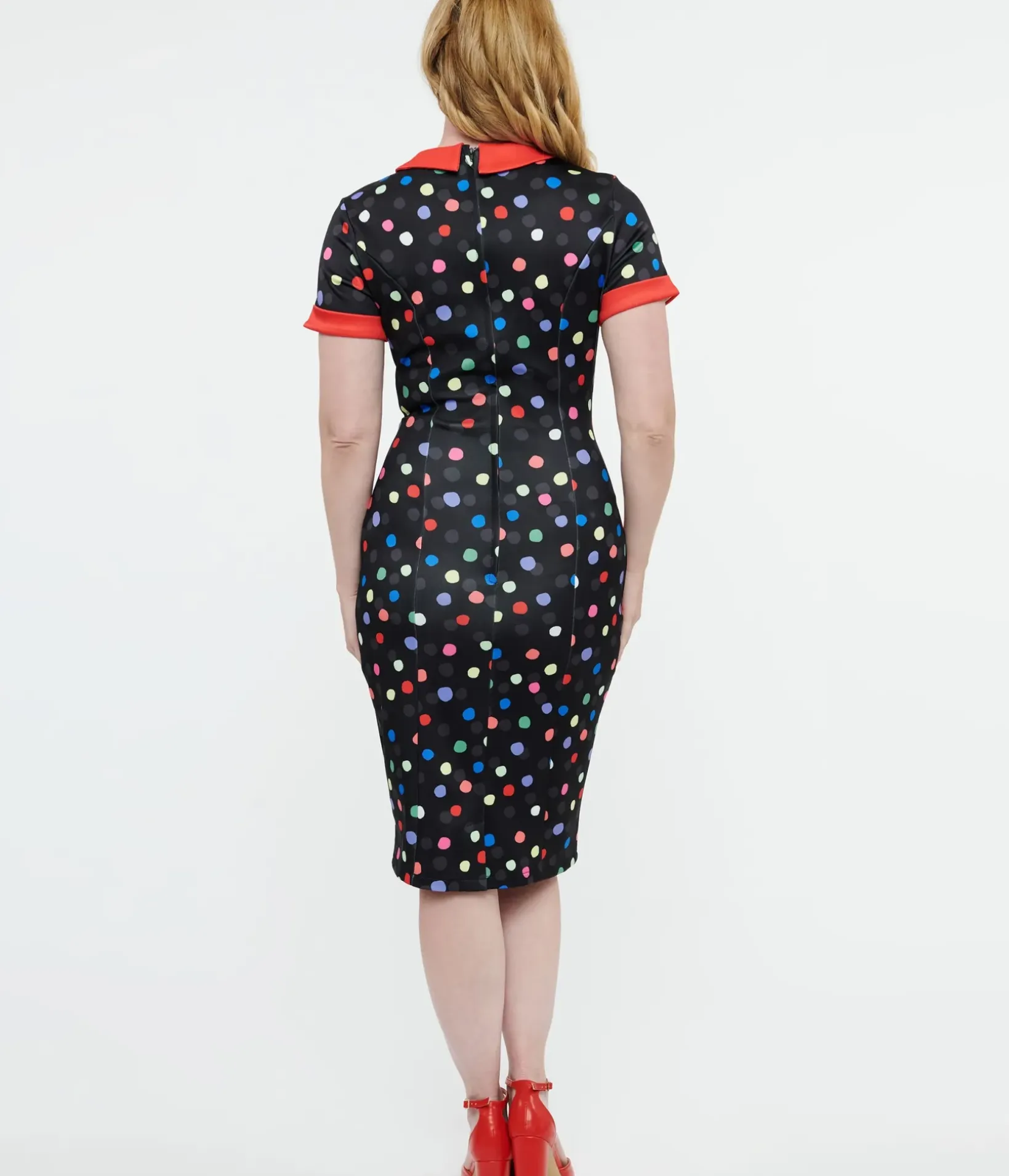 Unique Vintage Pencil|Pencil>Dolly & Dotty 1950s Black & Rainbow Polka Dot Toni Wiggle Dress