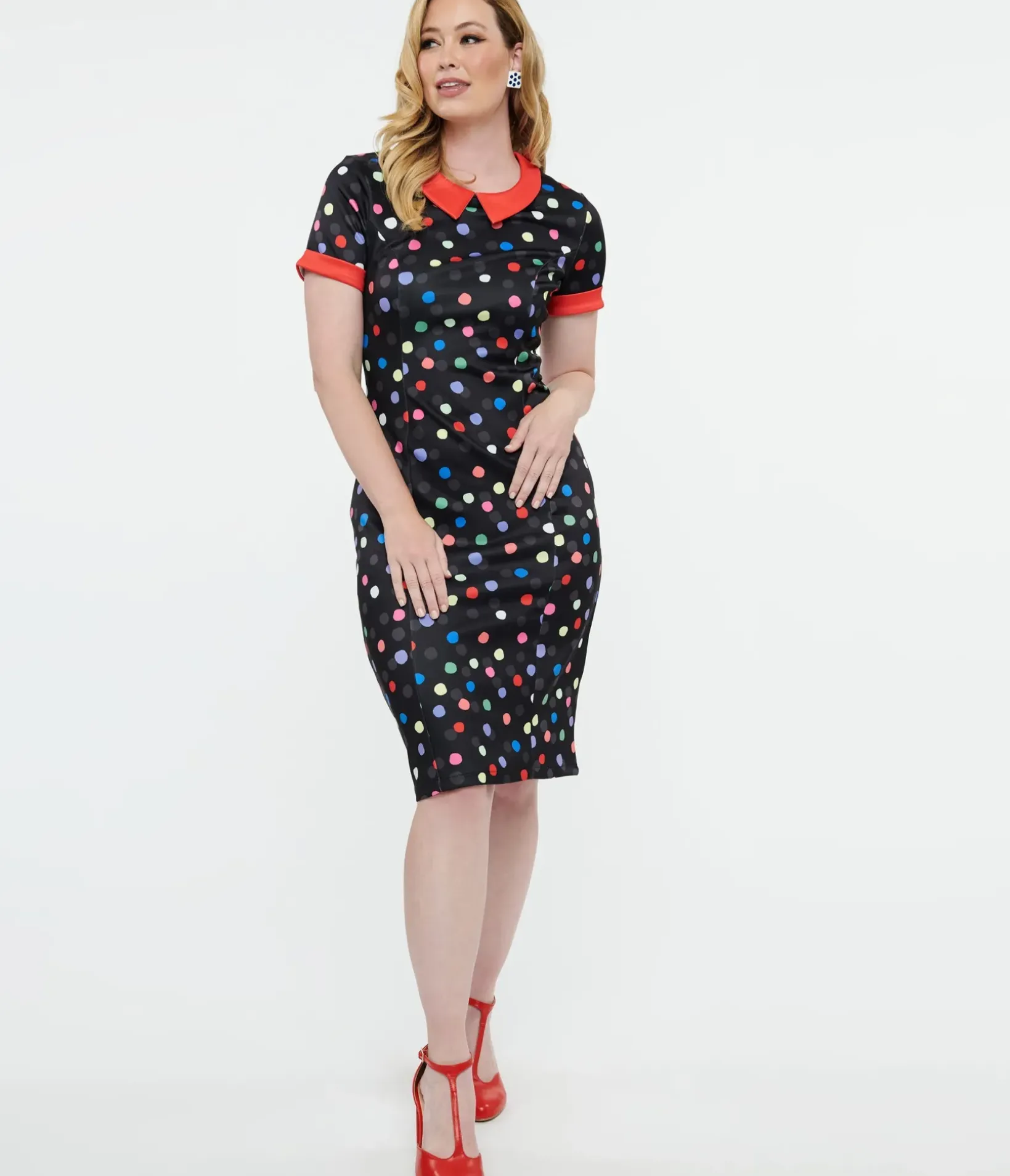 Unique Vintage Pencil|Pencil>Dolly & Dotty 1950s Black & Rainbow Polka Dot Toni Wiggle Dress