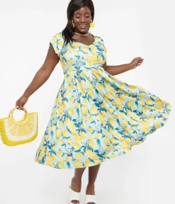 Unique Vintage Swing|Pocket Dresses>Dolly & Dotty 1950s Blue & Yellow Lemon Off The Shoulder Lily Swing Dress