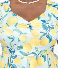 Unique Vintage Swing|Pocket Dresses>Dolly & Dotty 1950s Blue & Yellow Lemon Off The Shoulder Lily Swing Dress