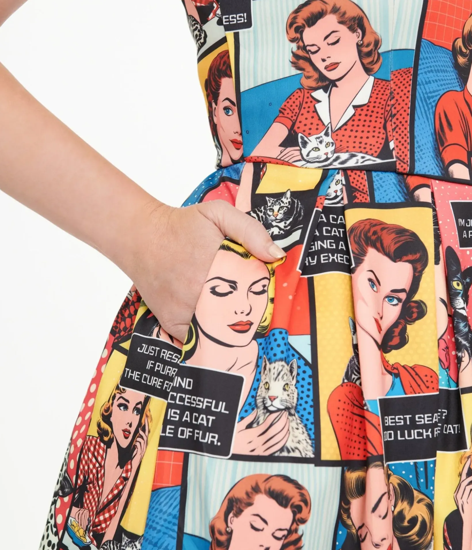 Unique Vintage Swing|Pocket Dresses>Dolly & Dotty 1950s Cat Lover Comic Amanda Swing Dress