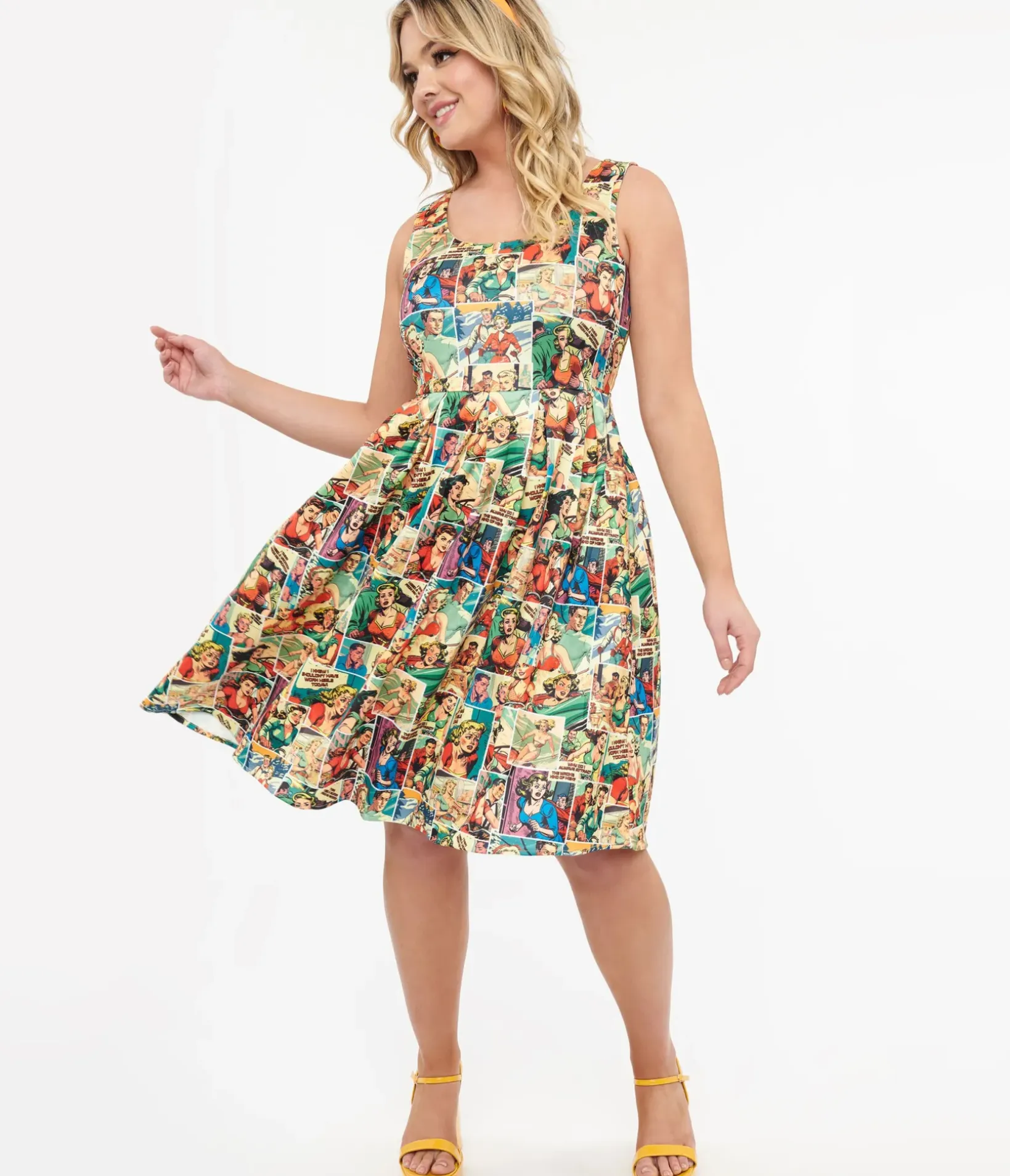 Unique Vintage Swing|Pocket Dresses>Dolly & Dotty 1950s Comic Book Print Amanda Swing Dress