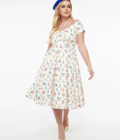 Unique Vintage Swing|Pocket Dresses>Dolly & Dotty 1950s Cream & Multicolor Heels Swing Dress