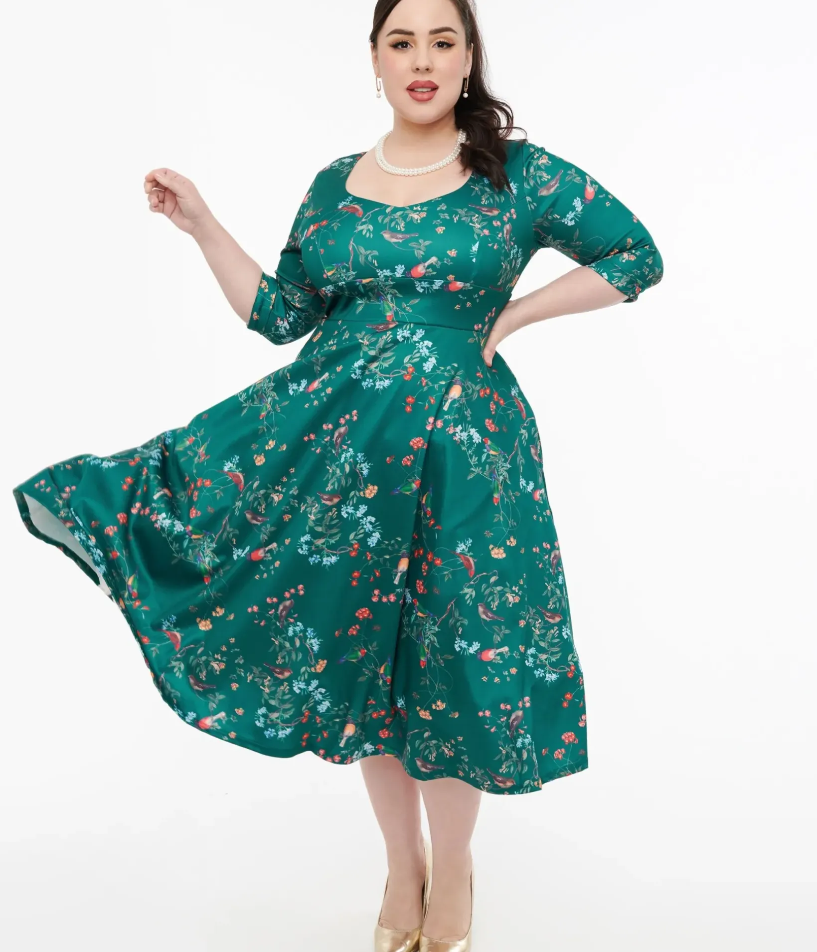 Unique Vintage Swing|Pocket Dresses>Dolly & Dotty 1950s Green Bird Print Swing Dress