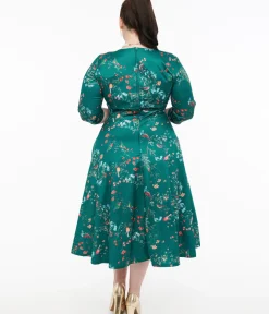 Unique Vintage Swing|Pocket Dresses>Dolly & Dotty 1950s Green Bird Print Swing Dress