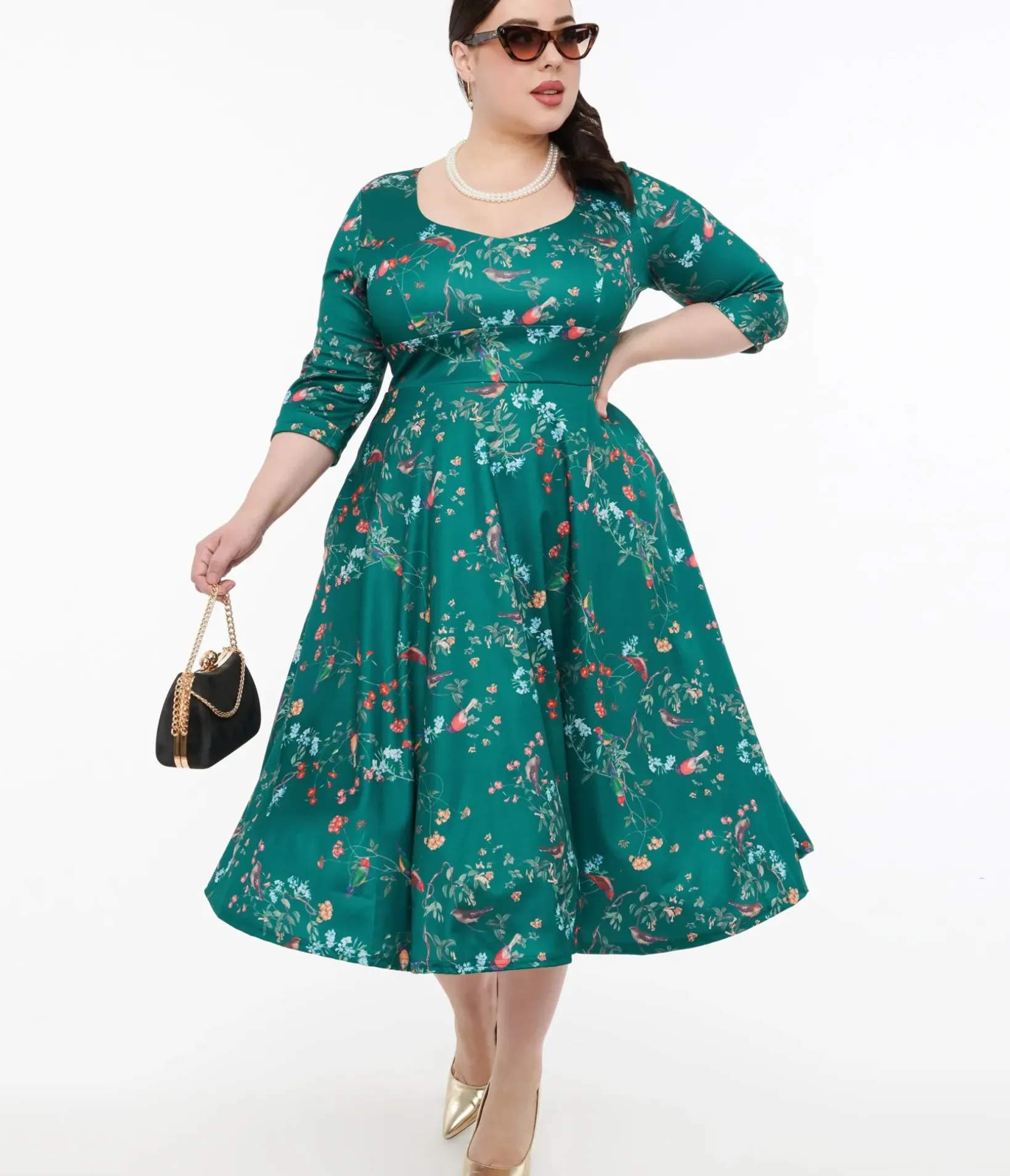 Unique Vintage Swing|Pocket Dresses>Dolly & Dotty 1950s Green Bird Print Swing Dress