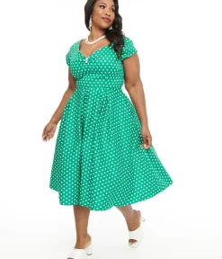 Unique Vintage Swing|Pocket Dresses>Dolly & Dotty 1950s Green & White Polka Dot Off The Shoulder Lily Swing Dress