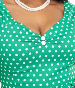 Unique Vintage Swing|Pocket Dresses>Dolly & Dotty 1950s Green & White Polka Dot Off The Shoulder Lily Swing Dress
