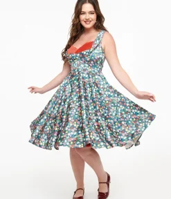Unique Vintage Swing|Swing>Dolly & Dotty 1950s Navy & Rose Print Grace Swing Dress