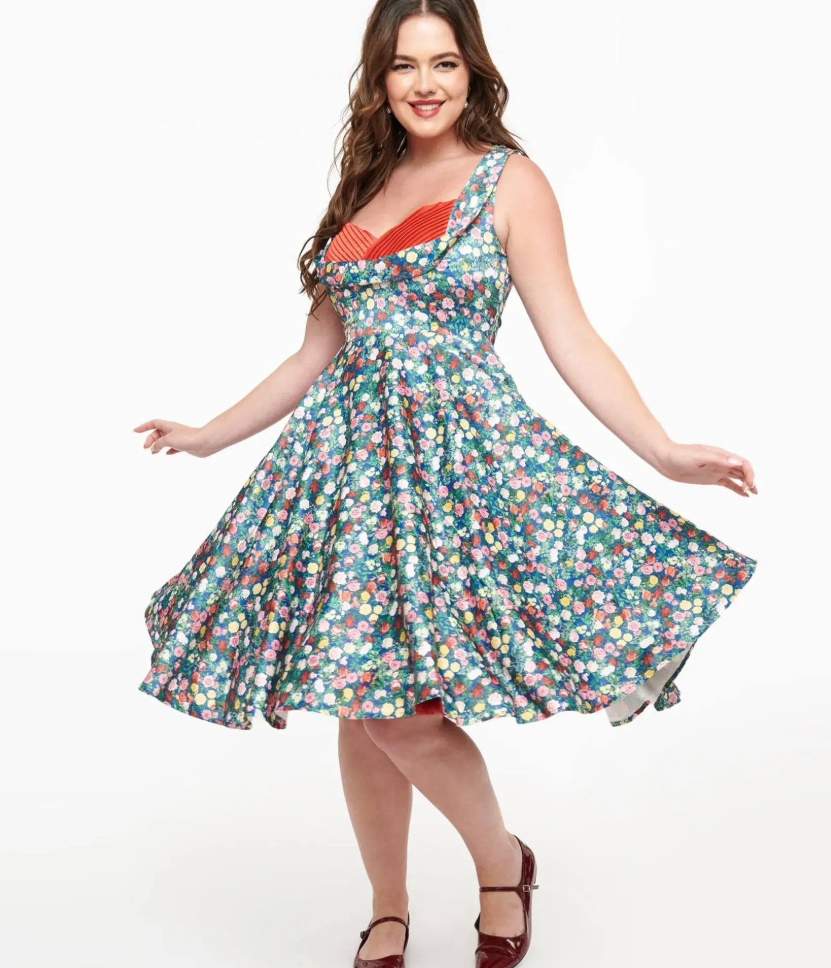 Unique Vintage Swing|Swing>Dolly & Dotty 1950s Navy & Rose Print Grace Swing Dress