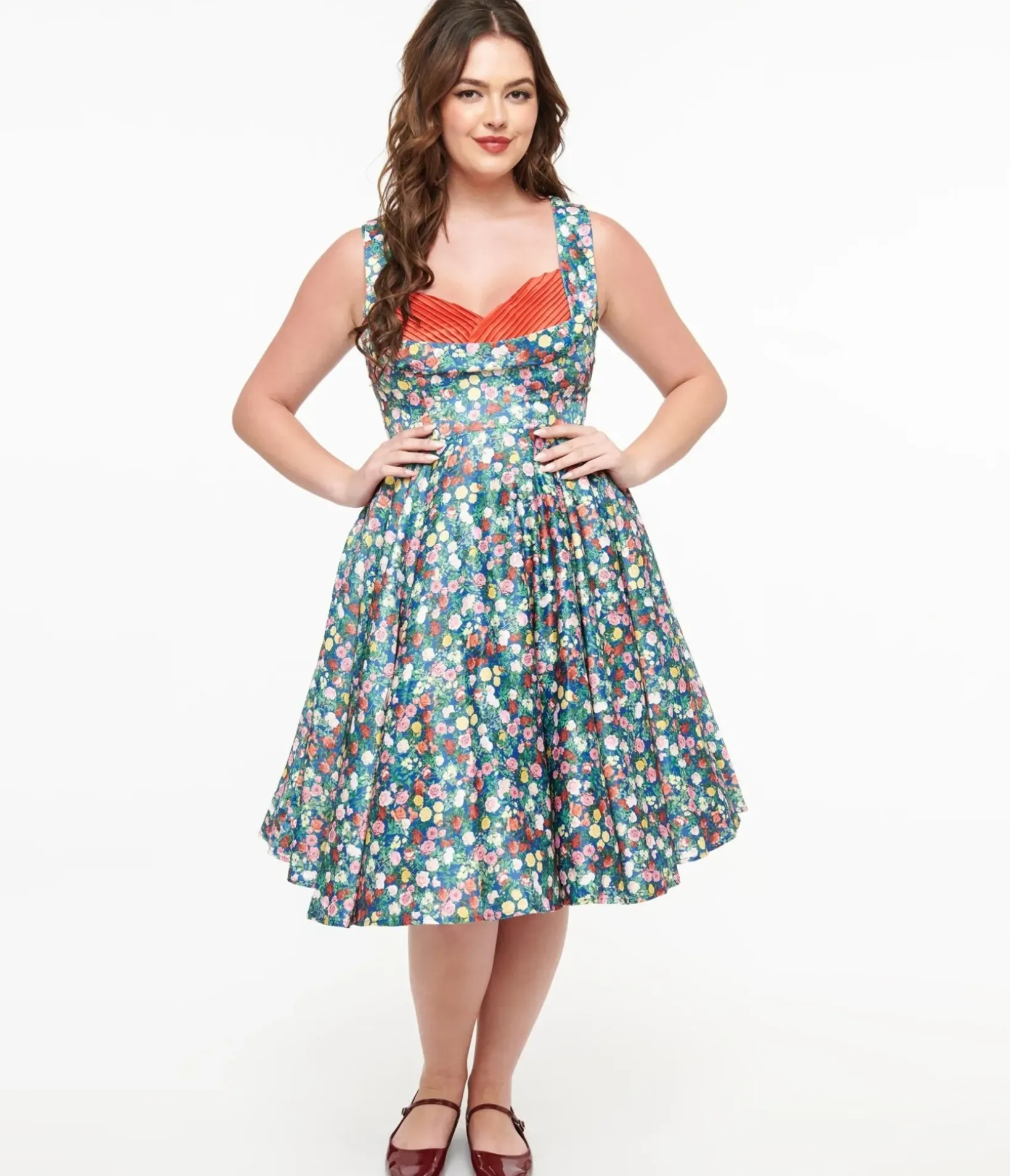 Unique Vintage Swing|Swing>Dolly & Dotty 1950s Navy & Rose Print Grace Swing Dress