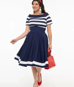 Unique Vintage Swing|Everyday Dresses>Dolly & Dotty 1950s Navy & White Striped Sailor Swing Dress