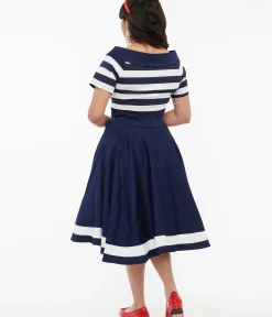 Unique Vintage Swing|Everyday Dresses>Dolly & Dotty 1950s Navy & White Striped Sailor Swing Dress