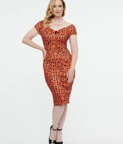 Unique Vintage Pencil|Pencil>Dolly & Dotty 1950s Orange Cheetah Print Beryl Wiggle Dress