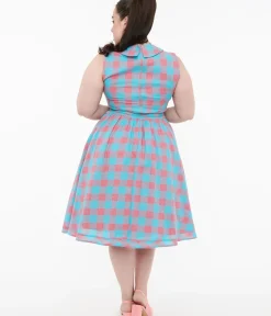 Unique Vintage Swing|Pocket Dresses>Dolly & Dotty 1950s Pink & Blue Gingham Cotton Swing Dress