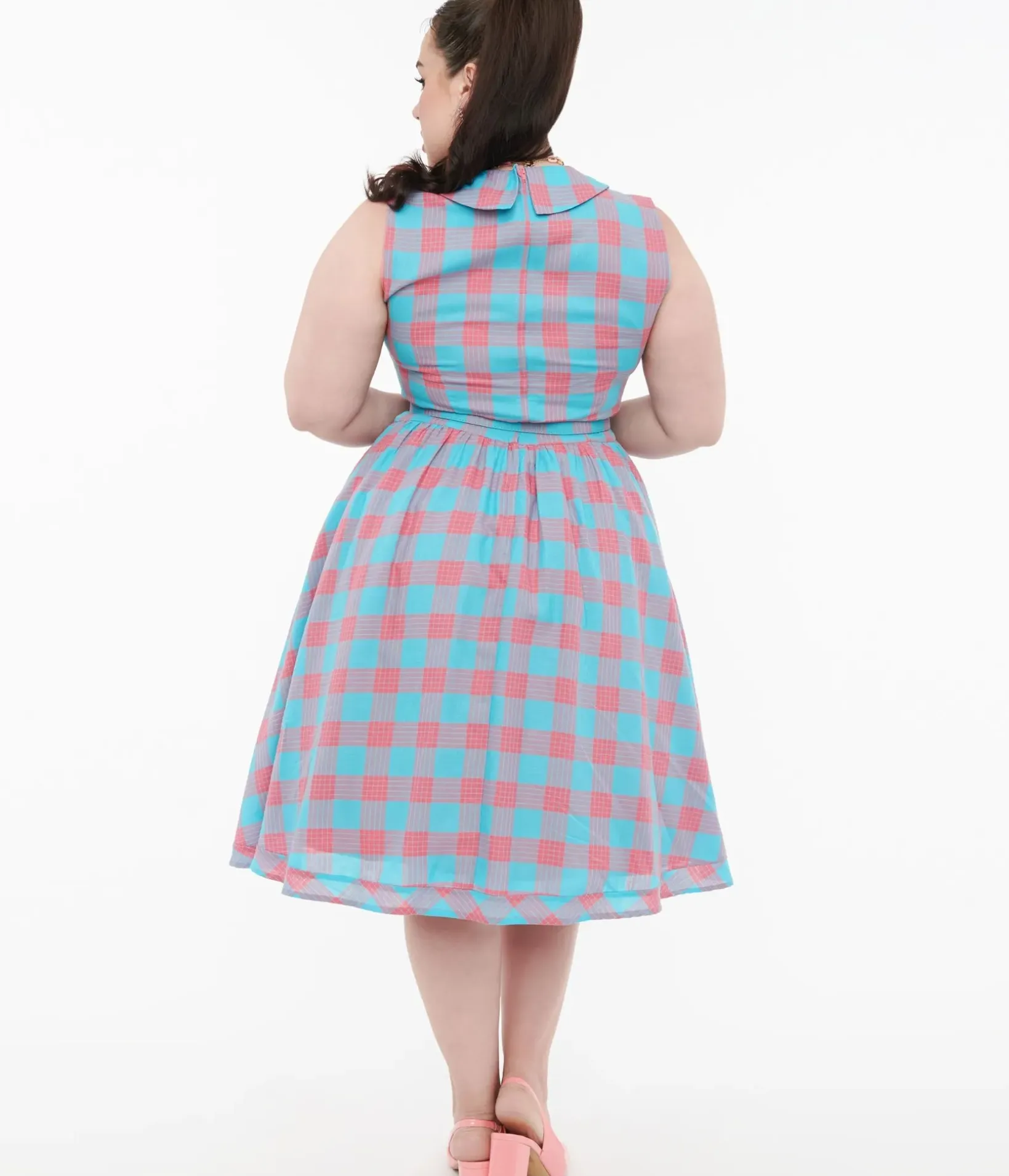 Unique Vintage Swing|Pocket Dresses>Dolly & Dotty 1950s Pink & Blue Gingham Cotton Swing Dress