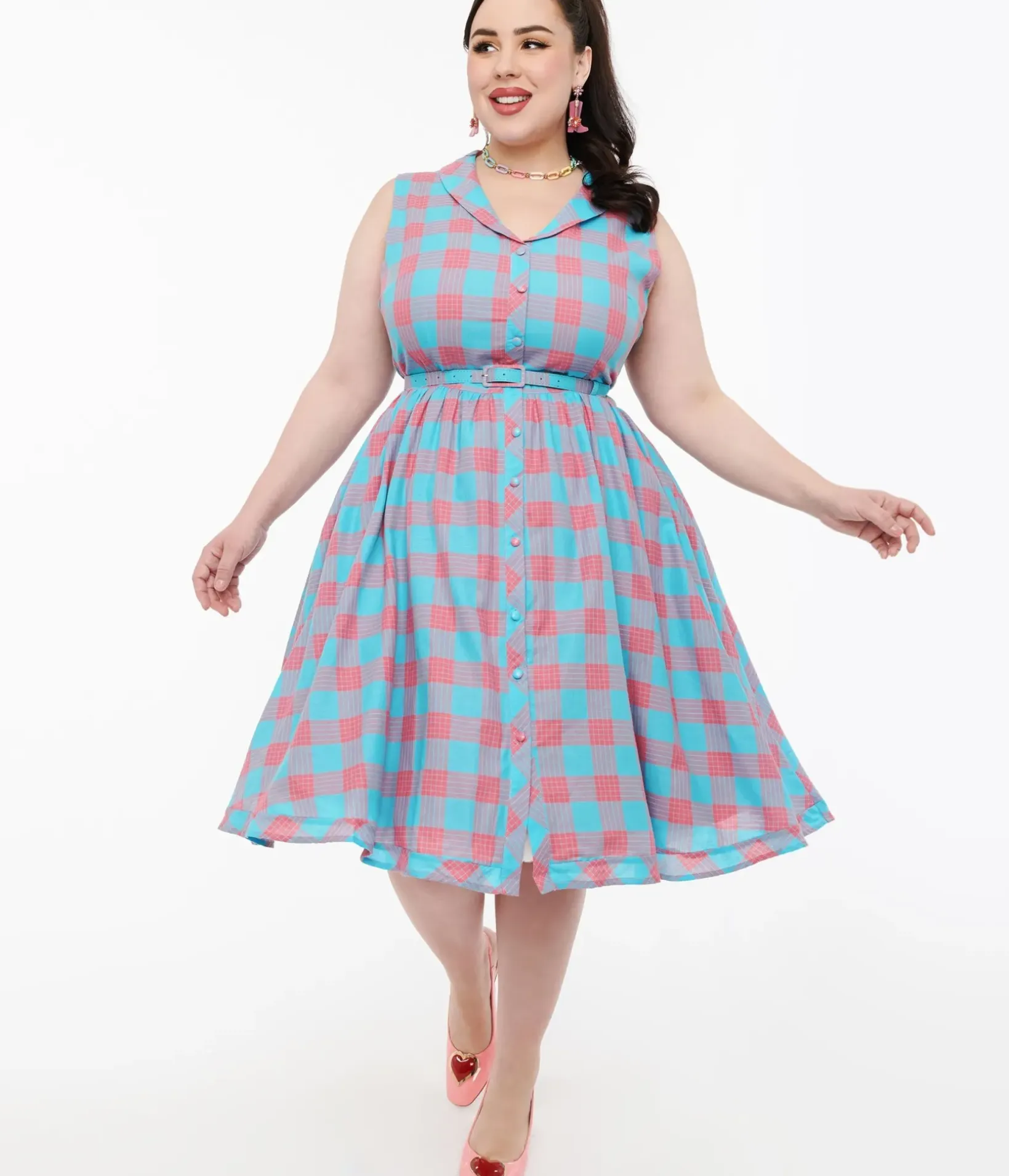 Unique Vintage Swing|Pocket Dresses>Dolly & Dotty 1950s Pink & Blue Gingham Cotton Swing Dress