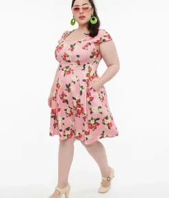 Unique Vintage Swing|Swing>Dolly & Dotty 1950s Pink Strawberry Print Claudia Swing Dress
