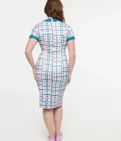 Unique Vintage Pencil|Pencil>Dolly & Dotty 1950s Pink & Teal Plaid Toni Pencil Dress