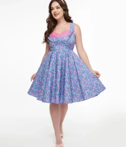 Unique Vintage Swing|Swing>Dolly & Dotty 1950s Purple & Pink Flamingo Leaf Print Grace Swing Dress