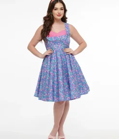 Unique Vintage Swing|Swing>Dolly & Dotty 1950s Purple & Pink Flamingo Leaf Print Grace Swing Dress