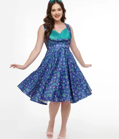 Unique Vintage Swing|Swing>Dolly & Dotty 1950s Purple & Teal Peacock Print Grace Swing Dress